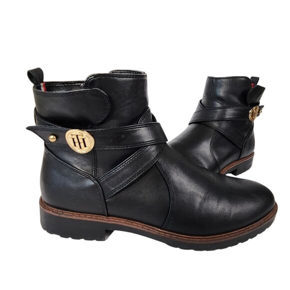 Tommy Hilfiger Ankle Boots Womens 10 Black Zip Booties Gold Color Logo Shoes - Picture 1 of 12